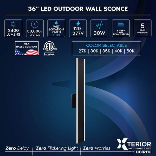 36 in. LED Outdoor Hardwired Wall Sconce, 30W, 2400 Lumens, 5CCT Selectable (2700K-5000K) Dimmable, CRI 90, Black 2 Pack