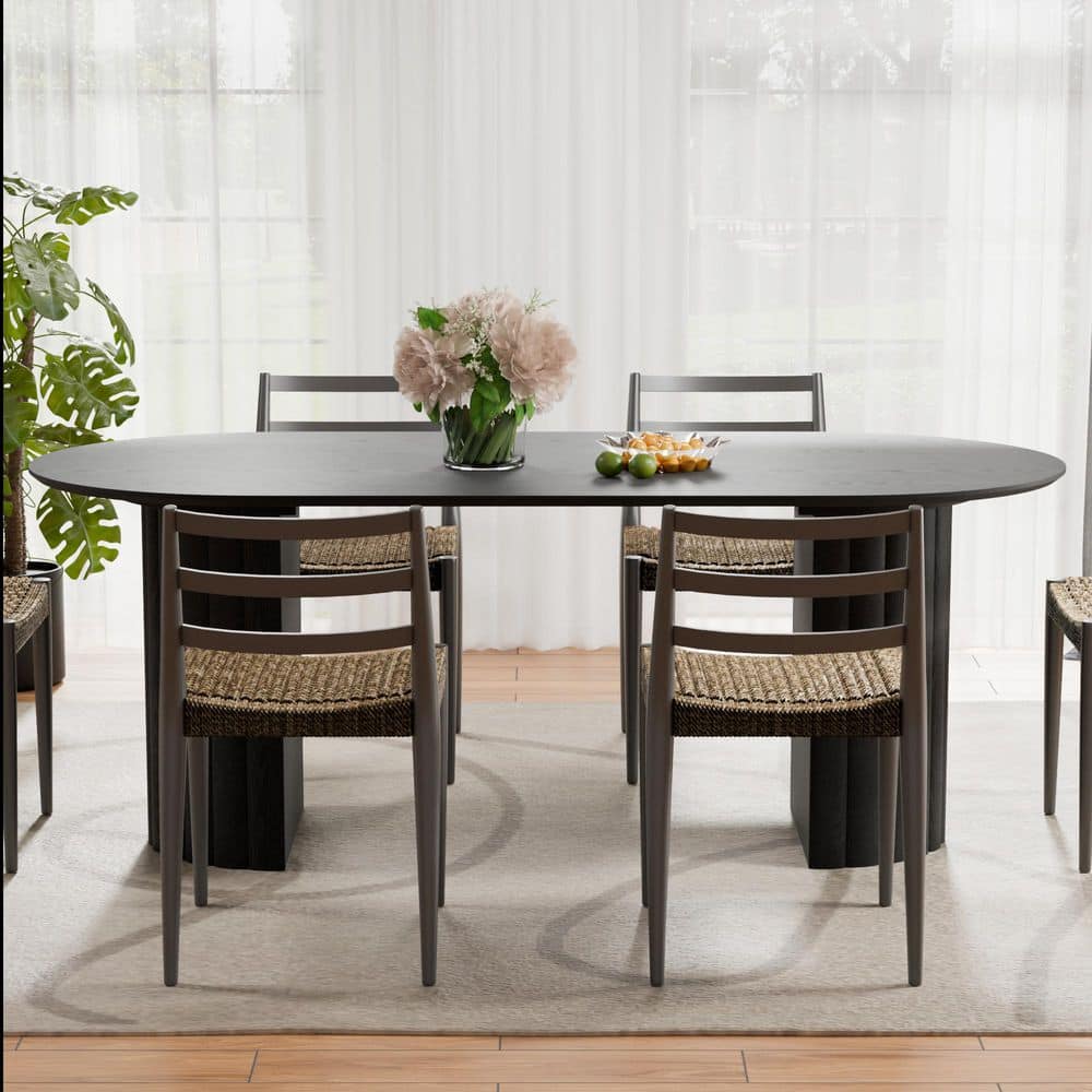Farmhouse Black Oval Top Wood 79 in. Double Pedestal Base Dining Table Seats 6 for Dining Room and Kitchen
