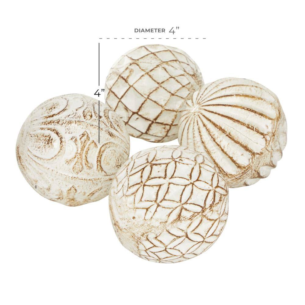 White and Gold Ceramic Carved Decorative Orbs, Set of 4