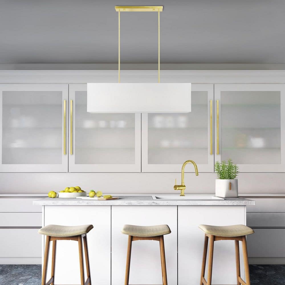 Summit Satin Brass 4-Light Linear Chandelier with Off-White Shade