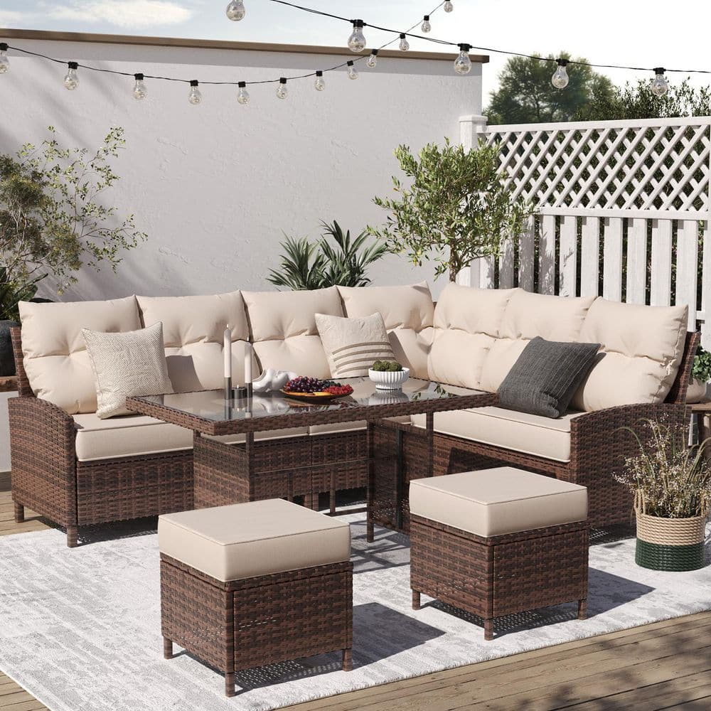 6-Piece Outdoor Brown Wicker Patio Sofa Set With Beige Cushions and Dining Table price history on PriceWatchPro