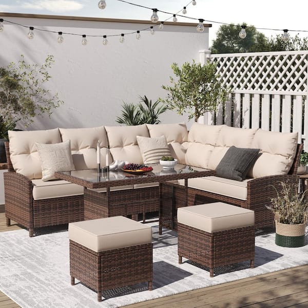 6-Piece Outdoor Brown Wicker Patio Sofa Set With Beige Cushions and Dining Table