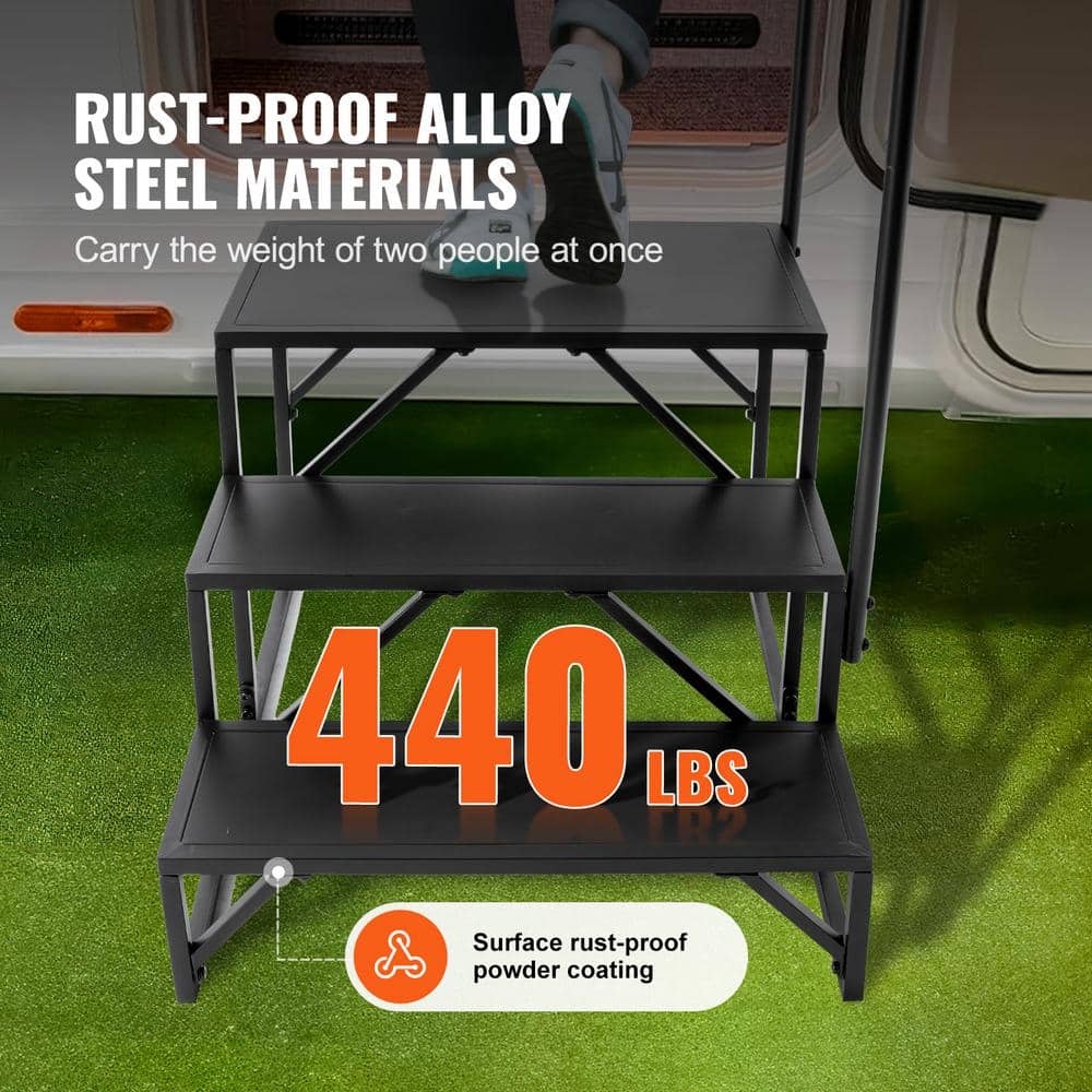 Black Carbon Steel 3-Step RV Stairs with Handrail