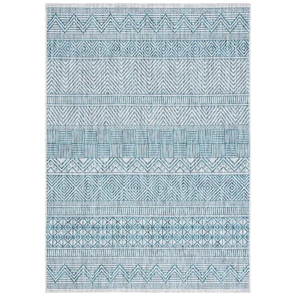 SAFAVIEH Courtyard Gray/Teal Doormat 3 ft. x 5 ft. Striped Tribal Chevron Indoor/Outdoor Area Rug