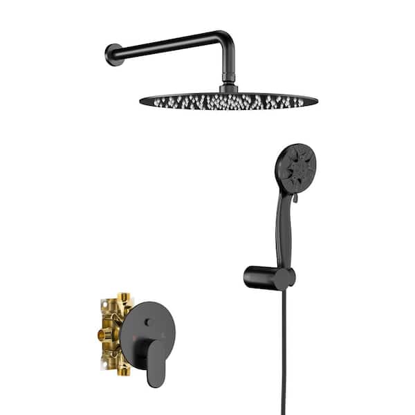 PERLIRIA INC Wall Mounted Single Handle Shower System 6-Spray 10 in. Dual Shower Head and Handheld Shower Head 1.8 GPM in Matte Black