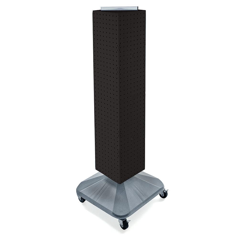 Black Four-Sided Pegboard Display with Silver Wheeled Base