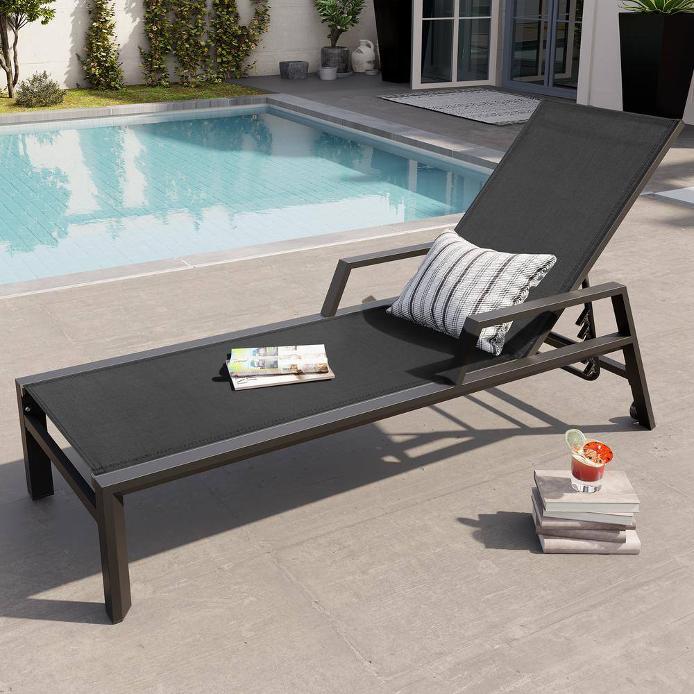 Black Adjustable Aluminum Outdoor Lounge Chair with Wheels