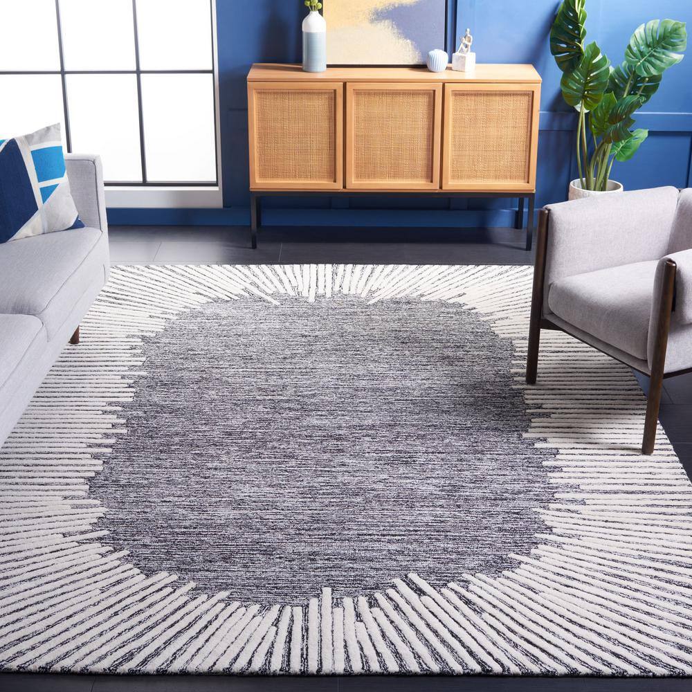 Black and Ivory Abstract Handmade Wool Tufted Rug, 8' x 10'