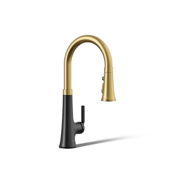 Tone Single Handle Pull Down Sprayer Kitchen Faucet in Matte Black with Moderne Brass