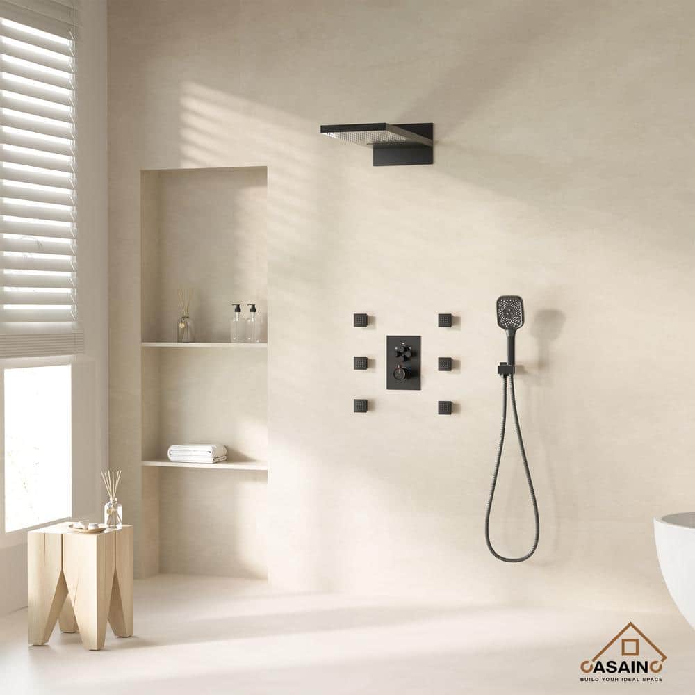Matte Black Wall Mounted Rainfall Shower System with Body Jets