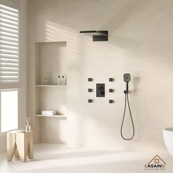 6-Spray Patterns 22 in. Rectangular Wall Mounted Dual Shower Head and Handheld Shower Head 2.5 GPM in Matte Black