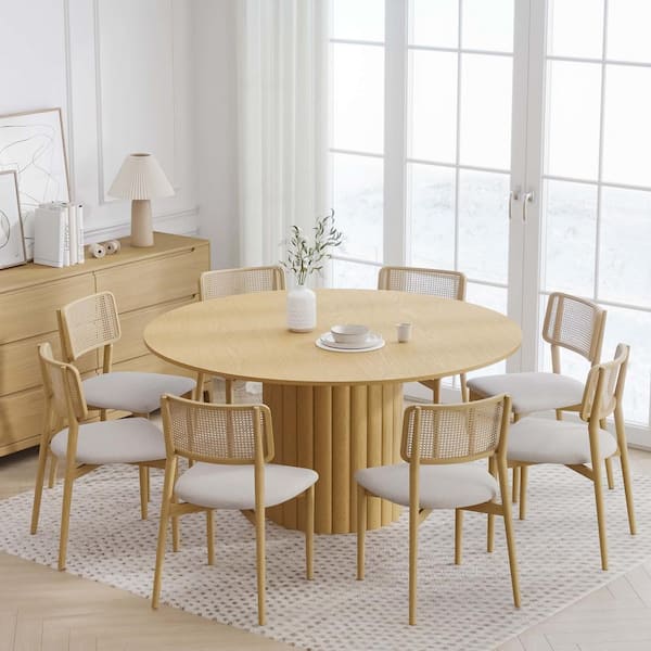 Dovelina 60 in. Natural Oak Wood Color Column Pedestal Round Kitchen Table Dining Table Seats 6