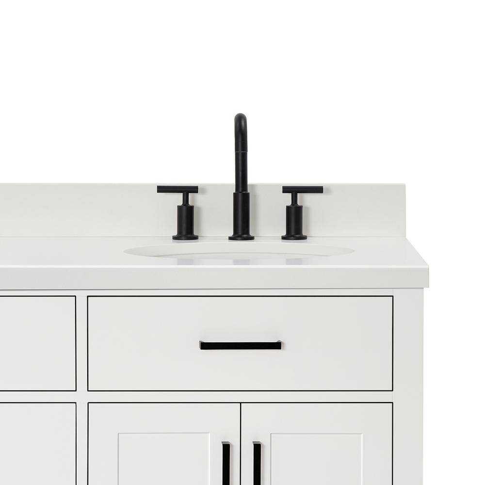 White Quartz Double Basin Freestanding Vanity with Black Hardware