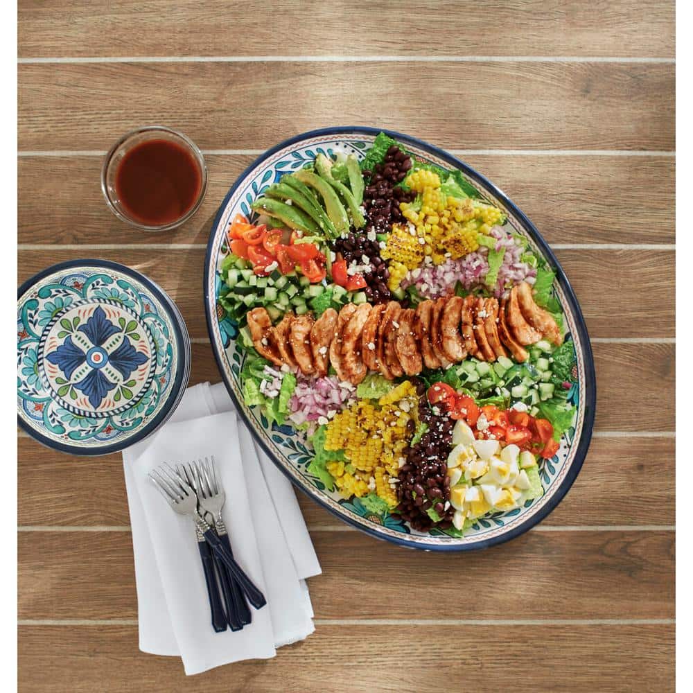 Talavera Blue Floral Melamine 12-Piece Dinnerware Set for 4