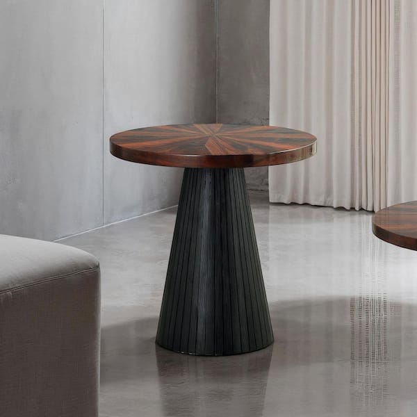 Furniture of America Fazzy 22 in. Black Round High-gloss Wood Top End Table with Parquet Pattern and Reeded Drum Base