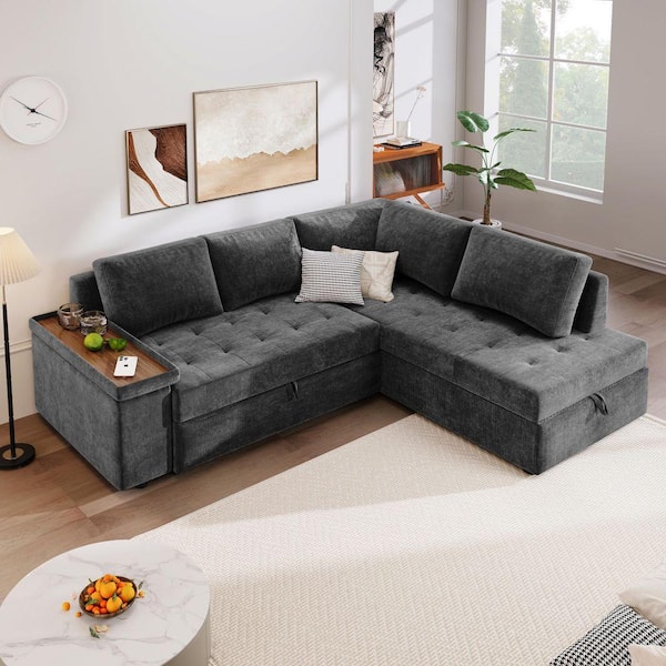 91.5 in. L-Shaped Polyester Sectional Sofa with Pull Out Bed and Storage in. Gray