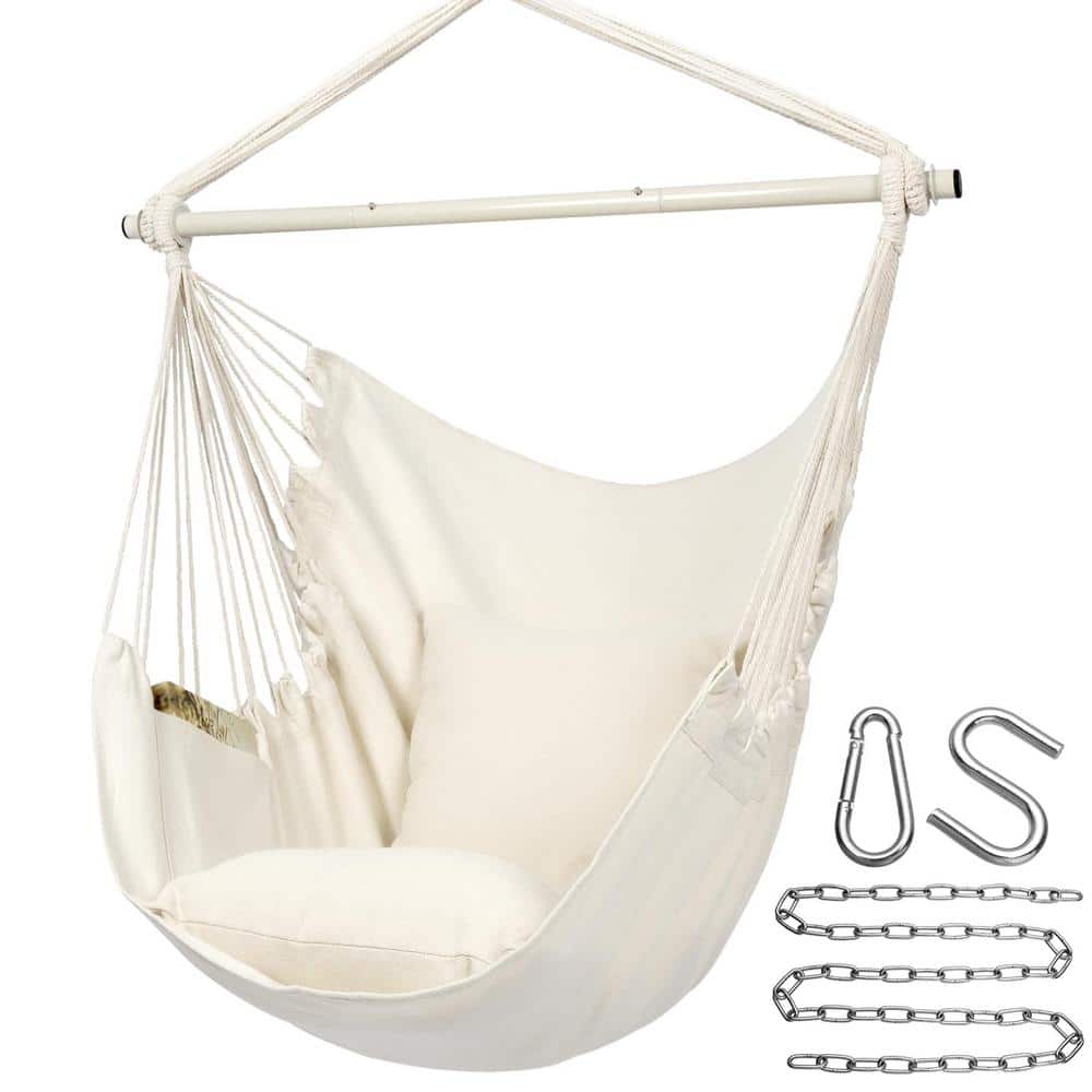 Hammock Chair, Hanging Swing Chair with 2-Seat Cushions, Removable Steel Spreader Bar, Anti-Slip Rings in Beige