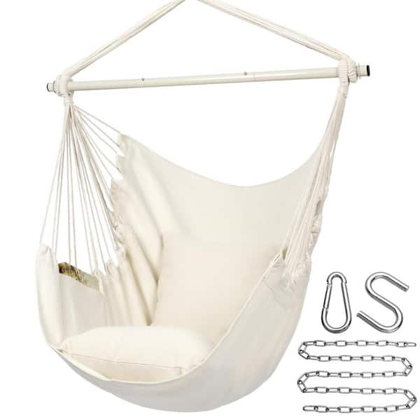Phewnyzo Hammock Chair, Hanging Swing Chair with 2-Seat Cushions, Removable Steel Spreader Bar, Anti-Slip Rings in Beige