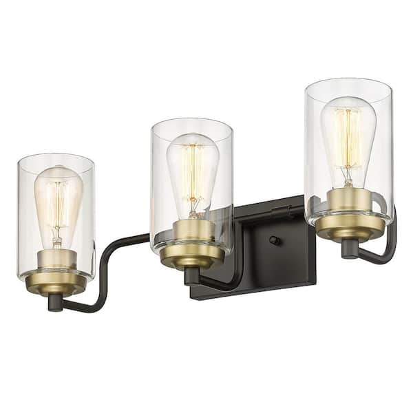 JAZAVA 22.4 in. 3-Light Matte Black and Brushed Brass Vanity Light with Seeded Glass Shade for Bathroom