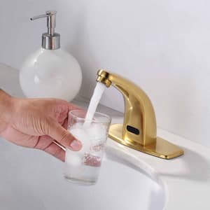 Automatic Sensor Touchless Battery Powered Bathroom Sink Faucet with Deckplate and Mixing Valve in Brushed Gold