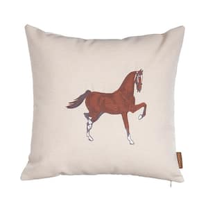 Country Embroidered Horse Boho Throw Pillow Cover 18 in. x 18 in. Solid Beige and Brown Square for Couch, Bedding