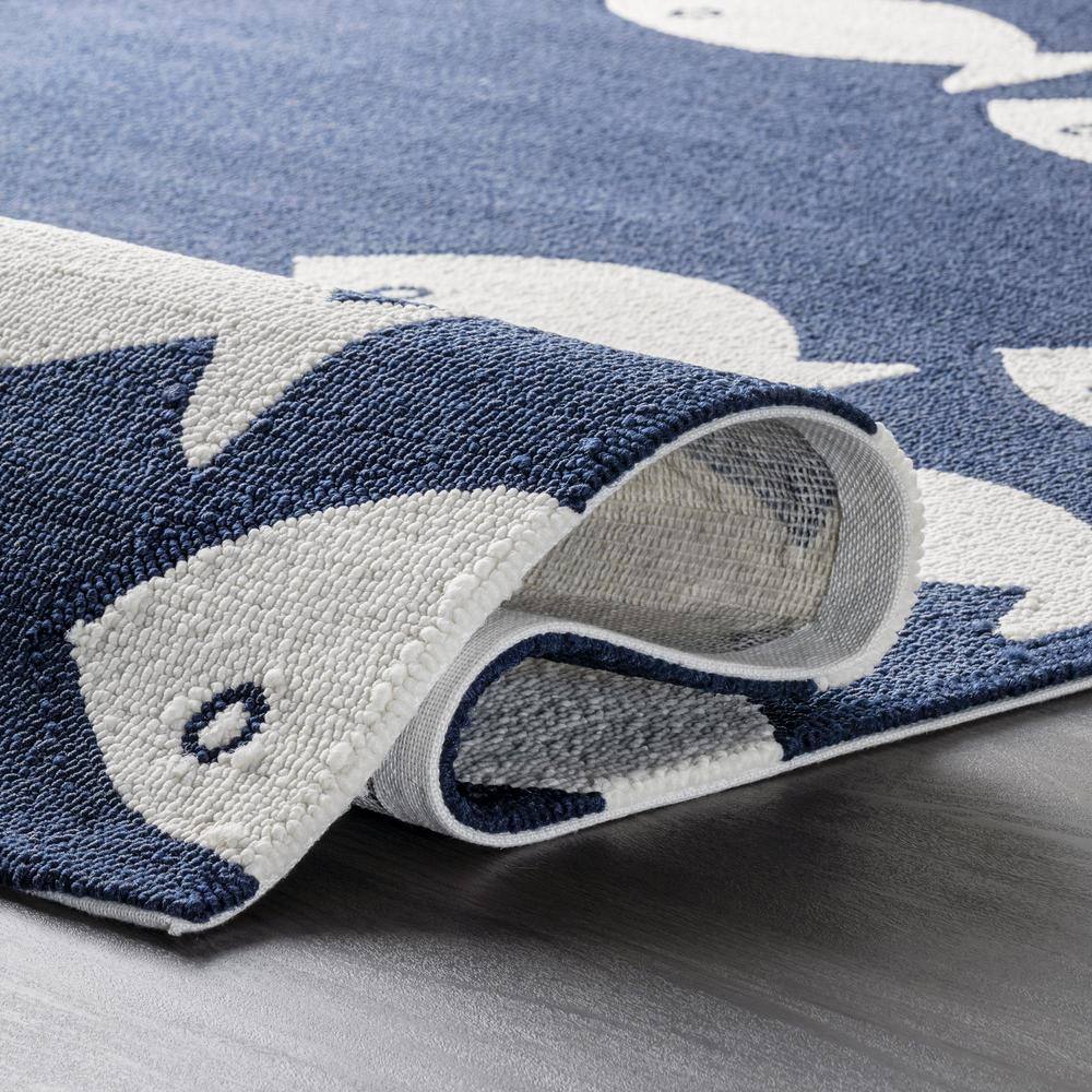 Navy and White Synthetic Fish Pattern Indoor/Outdoor Rug, 2x4 Feet