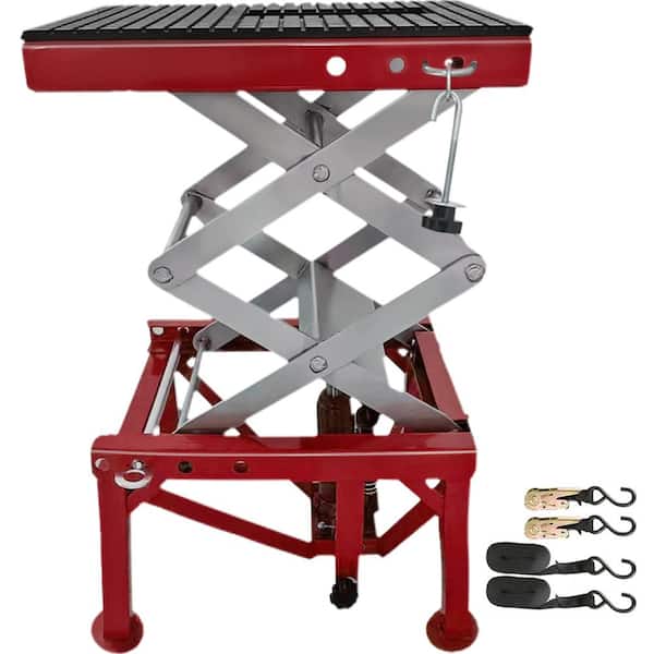 VEVOR Motorcycle Jack Table 300 Lbs. Load Hydraulic Scissor Jack Lift 13.78 in. to 34.25 in. with J-Hook & Strap, Dark Red
