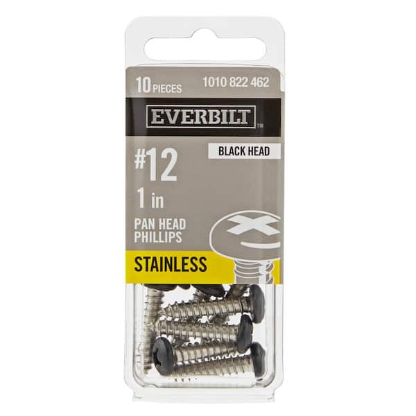 #12 x 1 in. Black Stainless Steel Phillips Pan Head Standard Sheet Metal Screw (10-Pack)