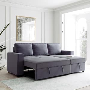 91 in. W Gray Polyester Full Size Reversible Pull Out Sleeper 3 Seats Sectional Storage Sofa Bed