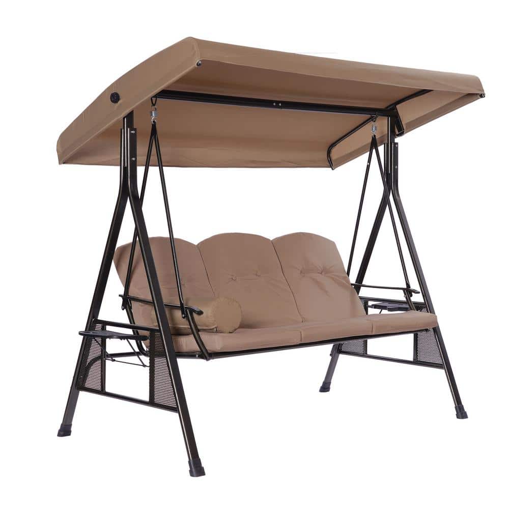 3-Person Beige Brown Steel Porch Swing Chair with Side Bags and Adjustable 