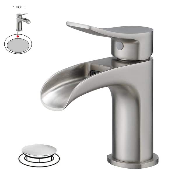 BWE Waterfall Single Handle Single Hole Farmhouse Bathroom Faucet Bathroom Drip-Free Vanity RV Sink Faucet in Brushed Nickel