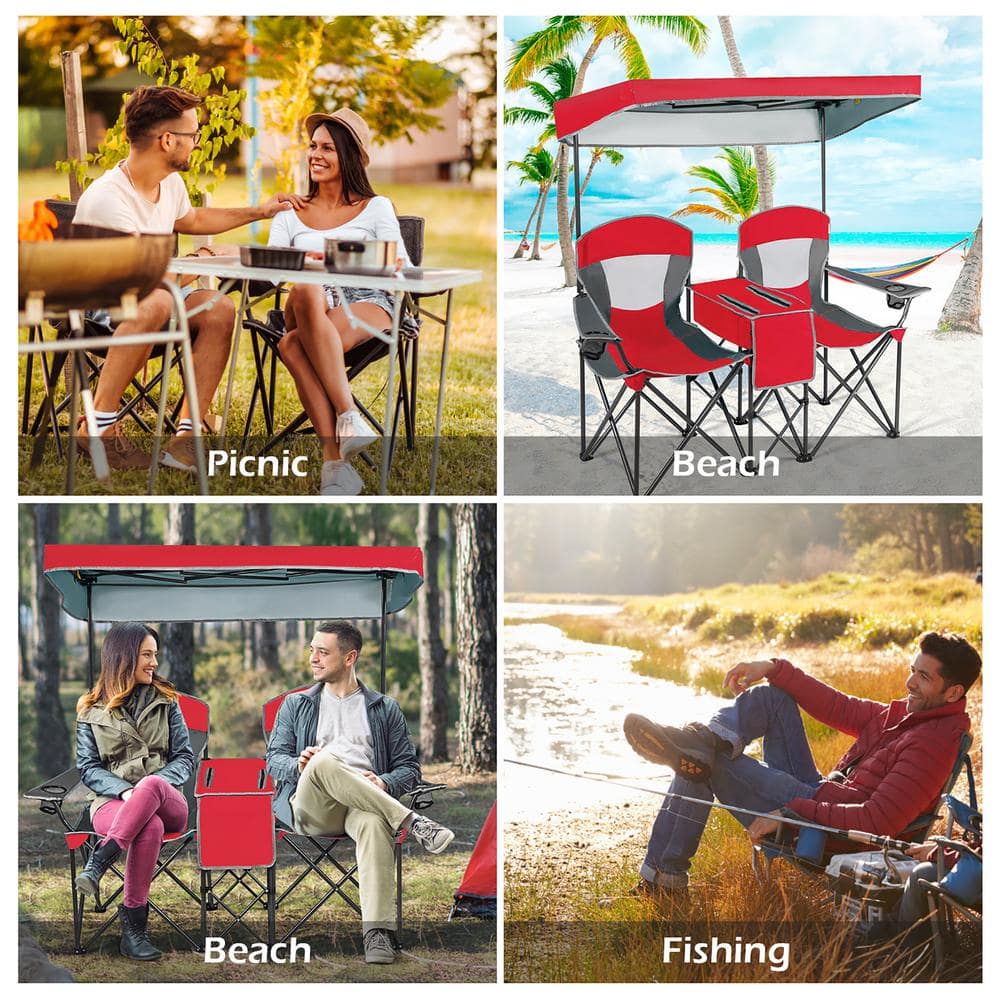 Red Double Folding Camping Chair with Canopy and Cooler
