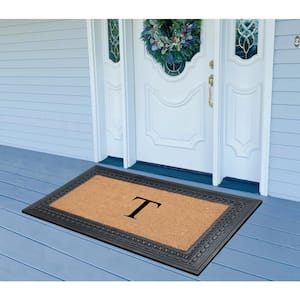 A1HC Square Geometric Black/Beige 24 in. x 39 in. Rubber and Coir Heavy Duty Easy to Clean Monogrammed T Door Mat