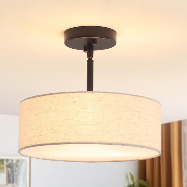 ADSENSTY 12.6 in. 3-Light Black Drum Linen Blend Semi Flush Mount