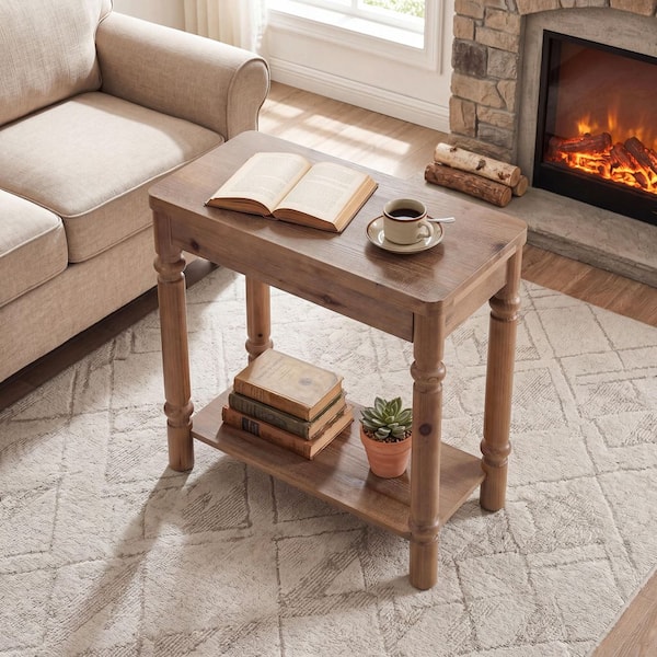 BYBLIGHT Kerlin 23.62 in. Brown Rectangle Solid Wood End Table