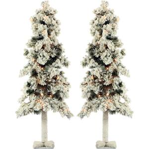 Pre-lit 4 ft. Snowy Alpine Artificial Christmas Trees with Clear Lights (Set of 2)