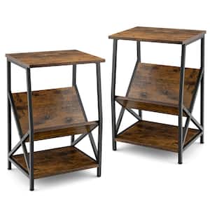 3-Tier 16 in. Brown Industrial Side End Table with Storage Shelf Heavy Duty Accent Table 2-Pieces