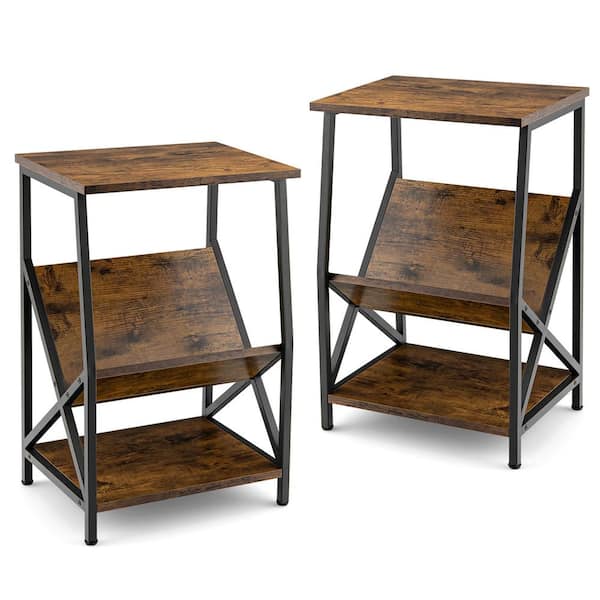 Costway 3-Tier 16 in. Brown Industrial Side End Table with Storage Shelf Heavy Duty Accent Table 2-Pieces