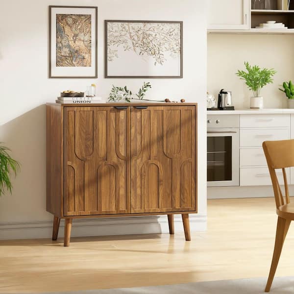 Toby Walnut Wood 31.5 in. Buffet Storage Sideboard, Storage Cabinet with 2 Doors, Paper Clip Design, Metal Handle