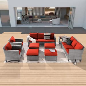 9-Piece Patio Sofa Set Gray Wicker Outdoor Furniture Set with Side Table, Rust Red