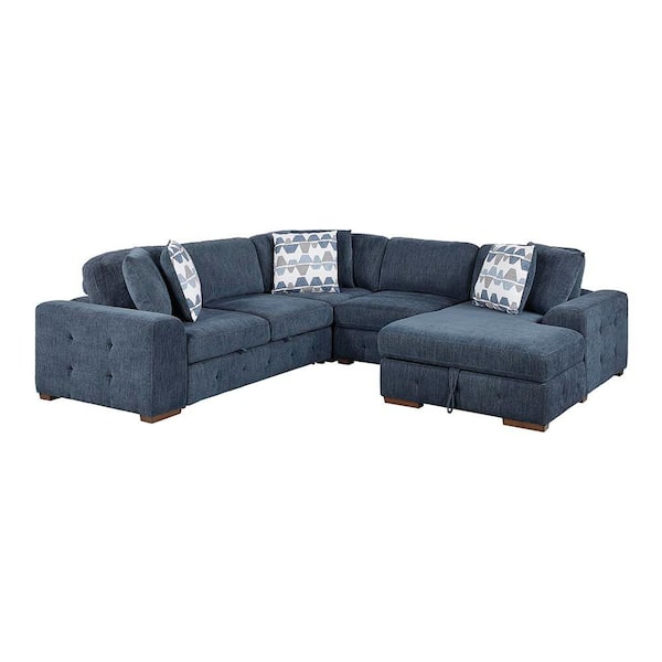 Laconia 113.5 in. Straight Arm Chenille 4-Piece Sectional Sofa with Right Chaise and Pull-out Bed in Blue