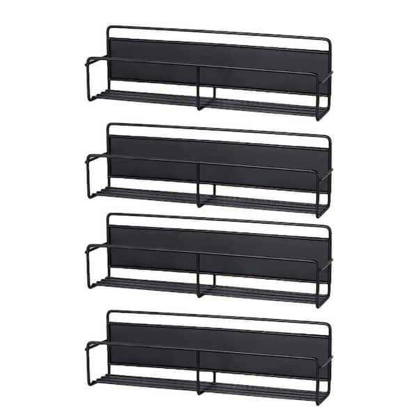 4 Pack Black Magnetic Refrigerator Mount Spice Rack Organizer with 24 Glass Jars and Pre-Printed Labels