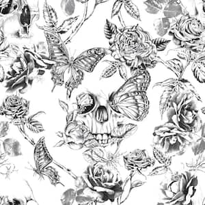 Skull Roses Black Nonwoven Paper Paste the Wall Removable Wallpaper