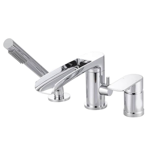 Single-Handle Deck-Mount Roman Tub Faucet with Swivel Waterfall Tub Spout, Hand Shower with 59" Hose in. Polished Chrome