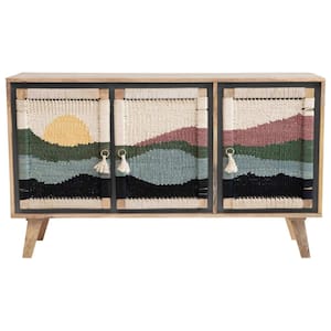16 in. Lightly Textured Rectangle Wood Console Table with 2 Shelves, 3-Panel Sunset Scene Woven Rope Doors and Tassels