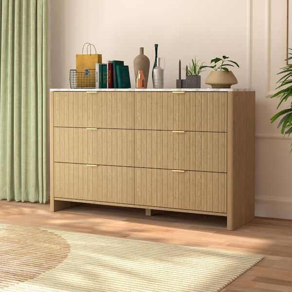 VEIKOUS Wood Color 6-Drawer 50.6 in. W Dresser Chest of Drawers with Faux Marble Countertop (32.5 in. H x 15.6 in. L)