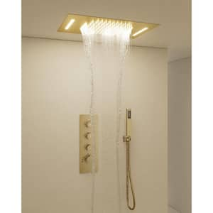 Thermostatic Valve 7-Spray 23x15 in. LED Mood Lighting Ceiling Mount Fixed and Handheld Shower Head in Brushed Gold