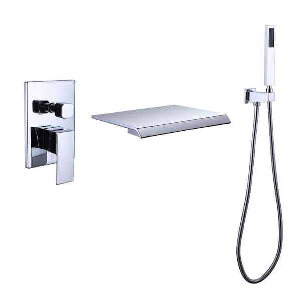 Single-Handle Wall-Mount Roman Tub Faucet Waterfall Tub Faucet with Hand Shower in Chrome