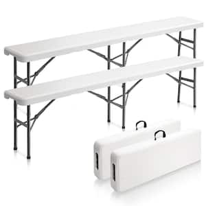 6 ft 2 Pack Plastic White Folding Bench, Portable in Outdoor Picnic Party Camping, Garden Soccer Entertaining Activity