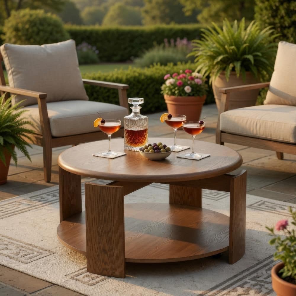 Eli 39.5 in. Brown Round Swivel Wood Top Coffee Table with Lower Open Shelf price history on PriceWatchPro